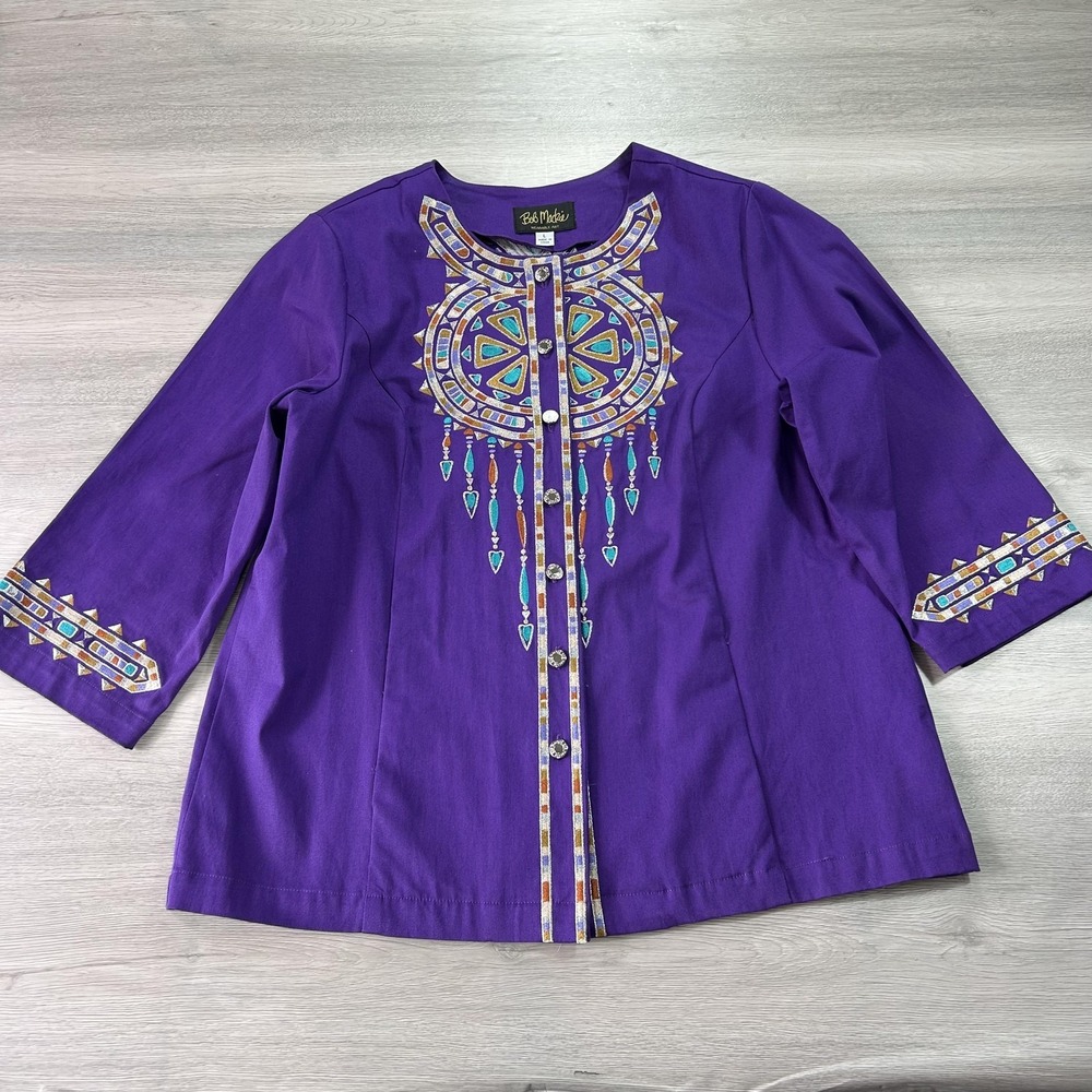 Bob Mackie Wearable Art Jacket Womens Large Purple Embroidered 3/4 Sleeve Button